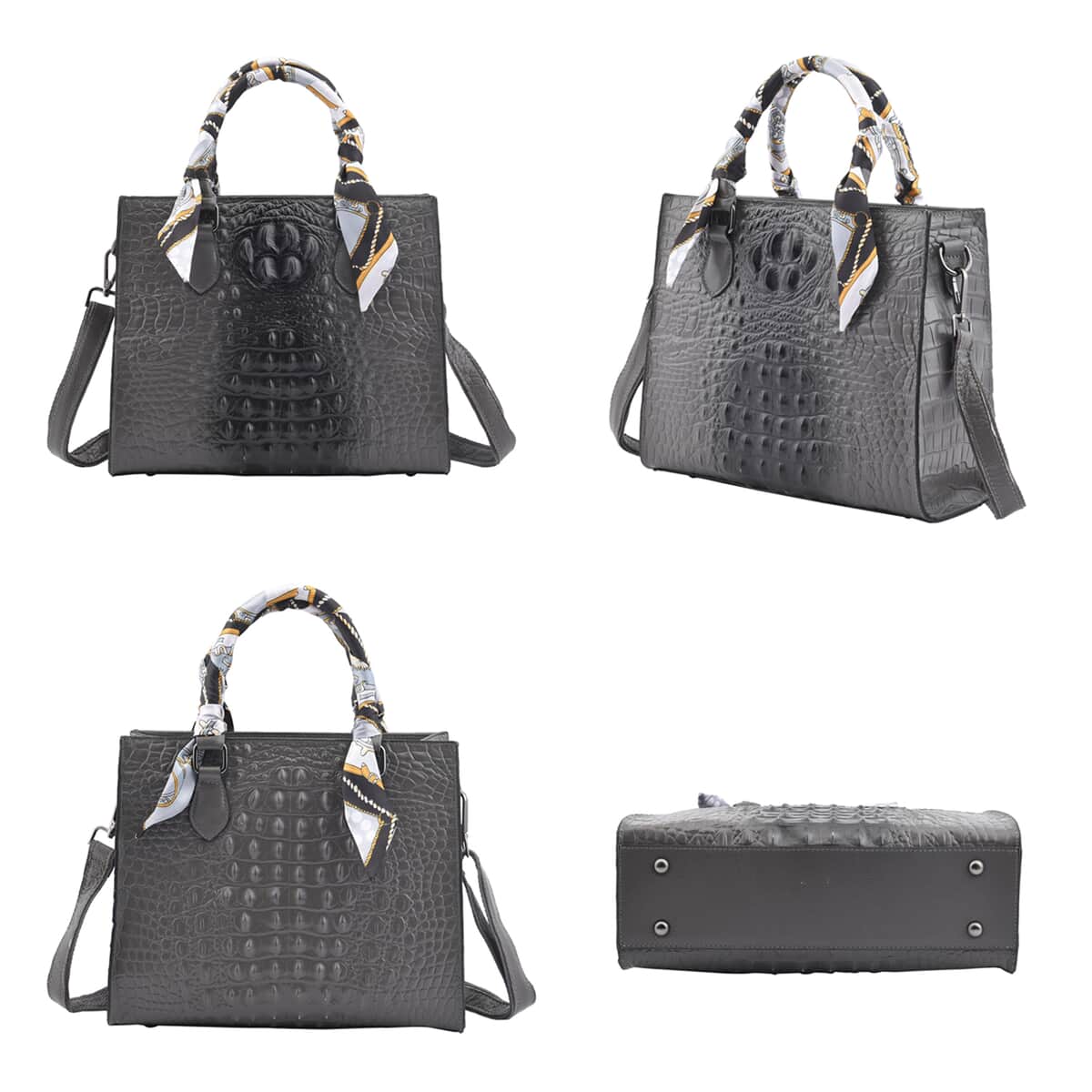 Gray Croco Embossed Genuine Leather Tote Bag with Handle Drop and Shoulder Strap image number 1