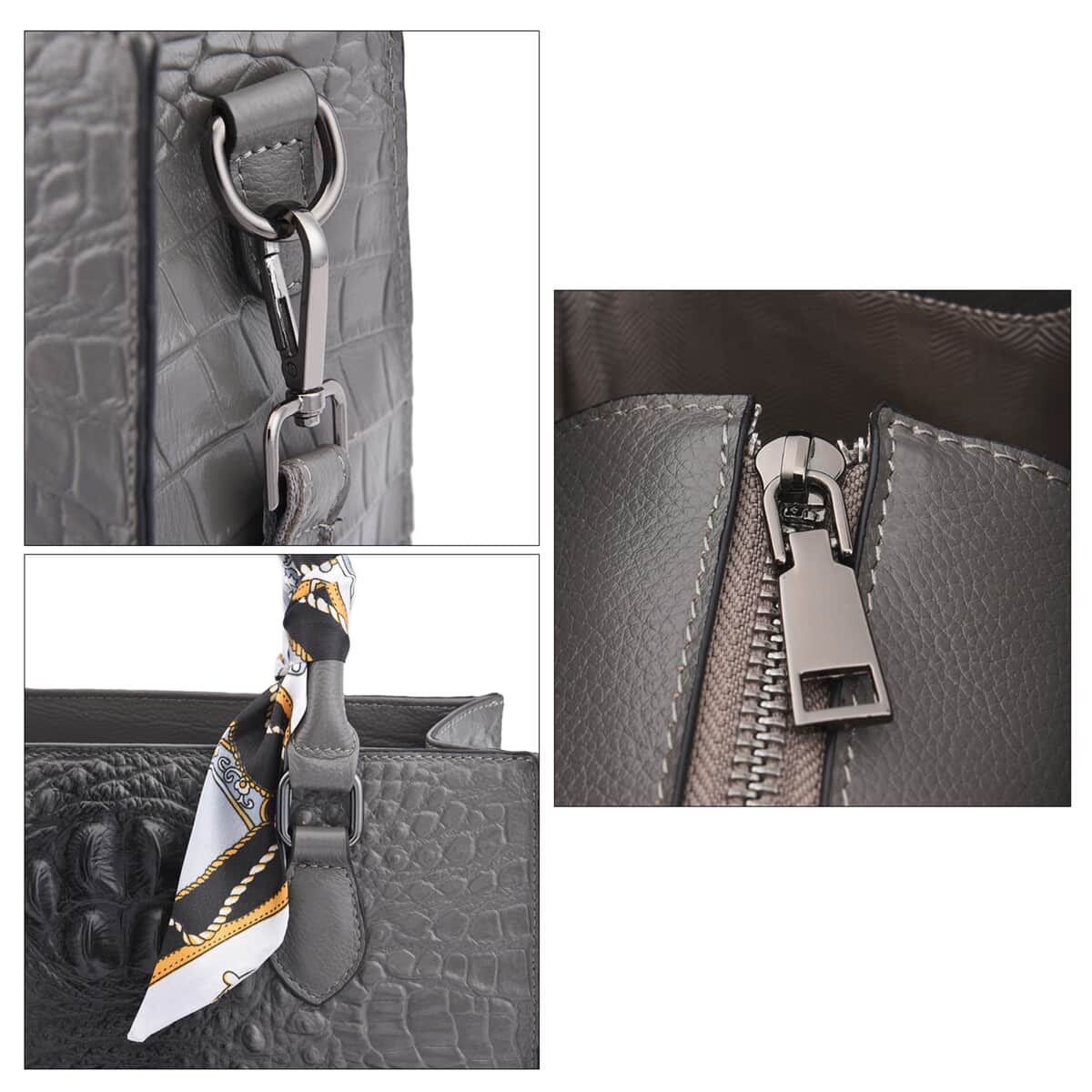 Gray Croco Embossed Genuine Leather Tote Bag with Handle Drop and Shoulder Strap image number 2
