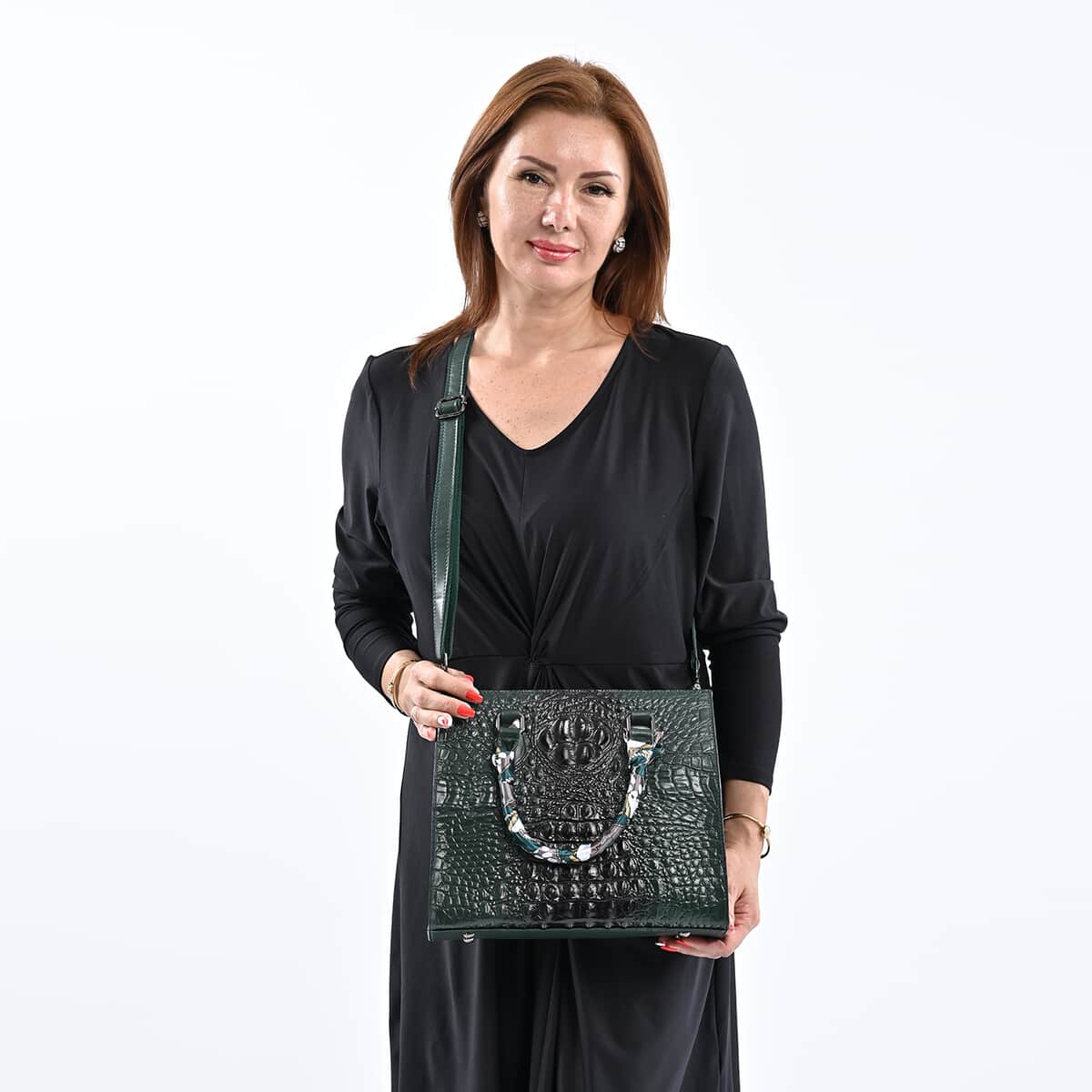 Green Croco Embossed Genuine Leather Tote Bag with Handle Drop and Shoulder Strap image number 1