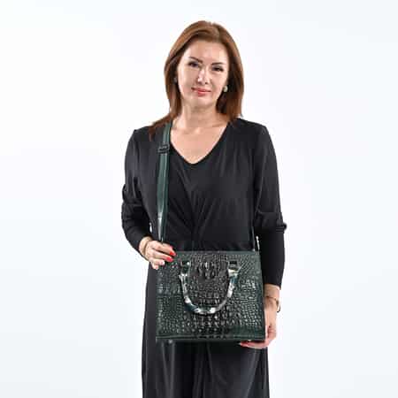 Green Croco Embossed Genuine Leather Tote Bag with Handle Drop and Shoulder Strap image number 1