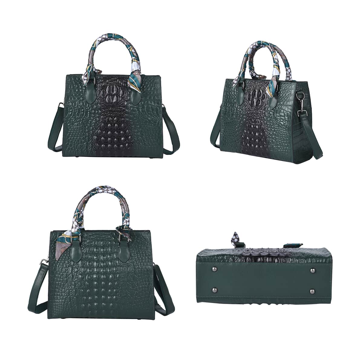 Green Croco Embossed Genuine Leather Tote Bag with Handle Drop and Shoulder Strap image number 3