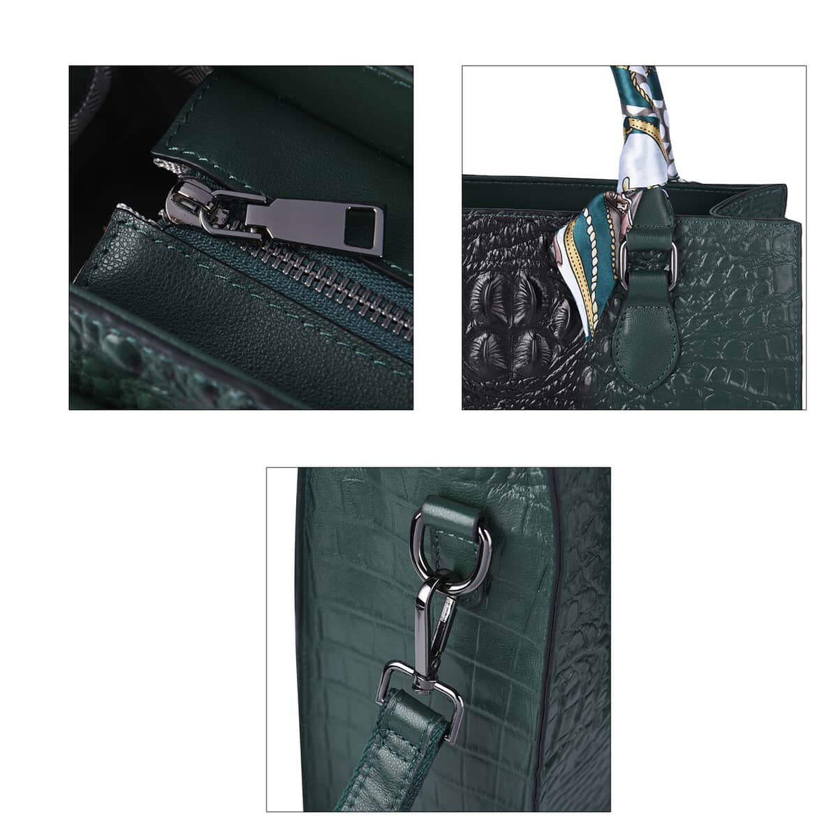Green Croco Embossed Genuine Leather Tote Bag with Handle Drop and Shoulder Strap image number 4