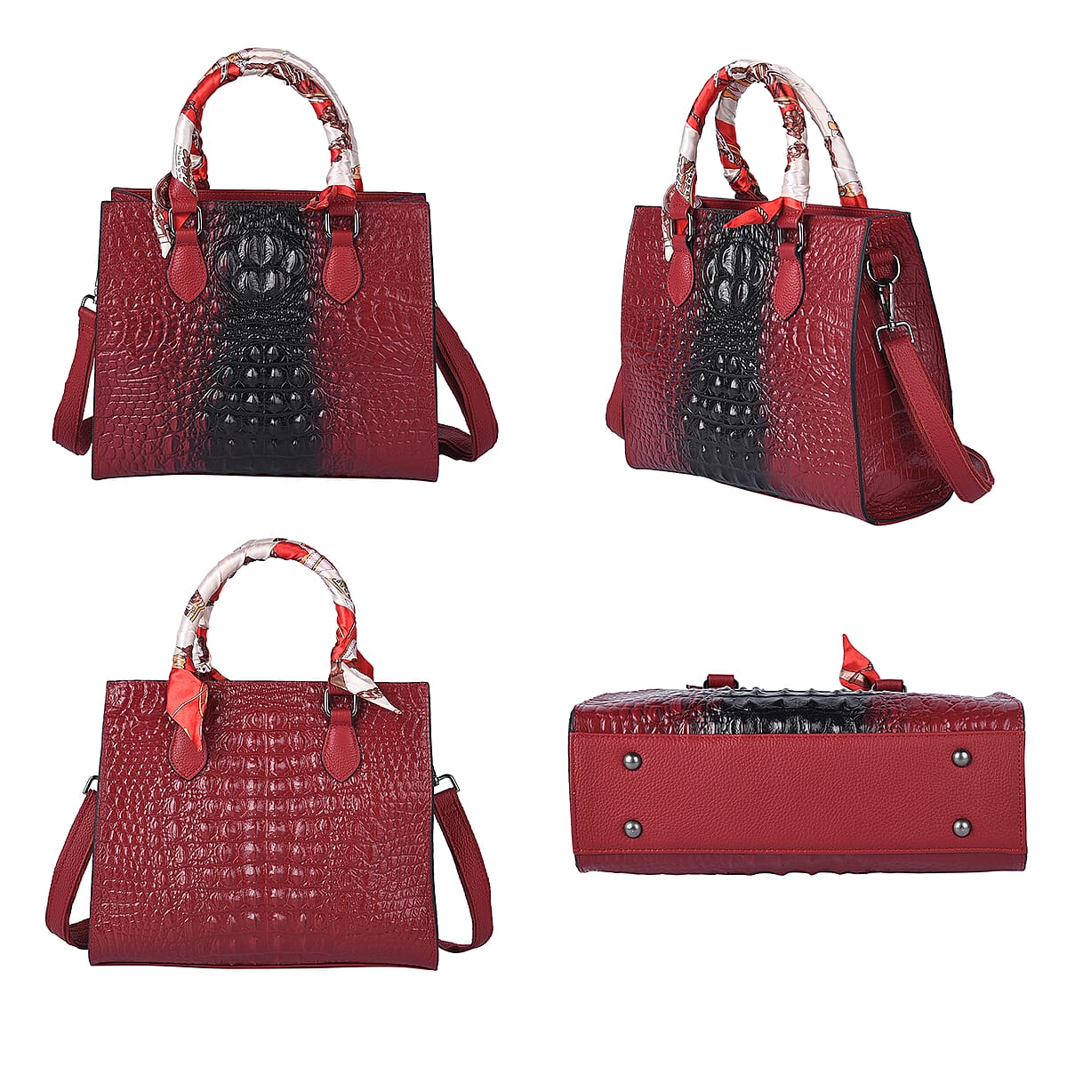 Red Croco Embossed Genuine Leather Tote Bag with Handle Drop and Shoulder Strap image number 3