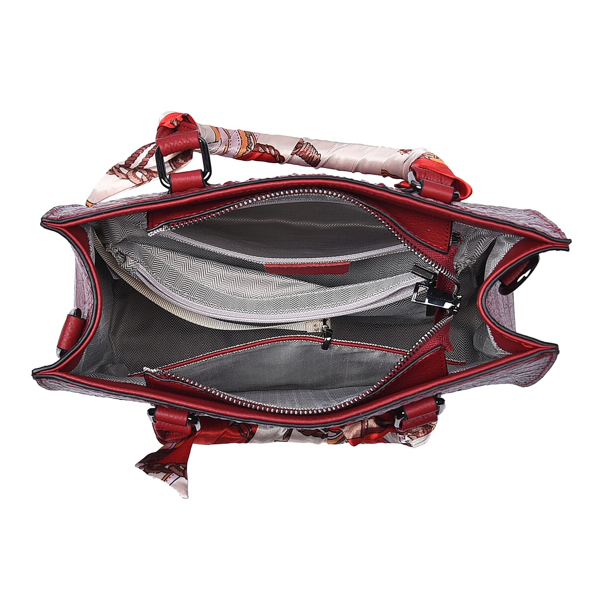 Red Croco Embossed Genuine Leather Tote Bag with Handle Drop and Shoulder Strap image number 4