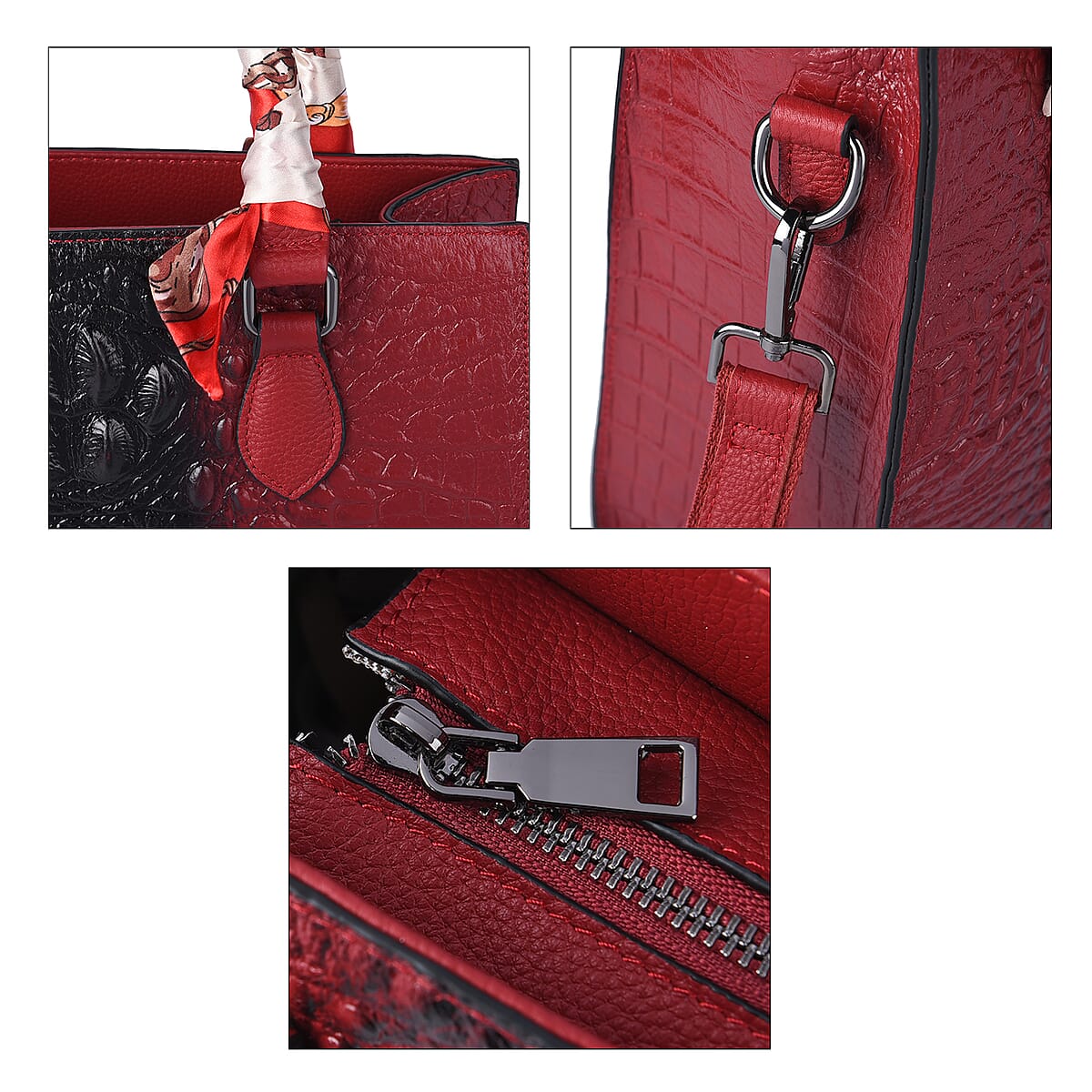 Red Croco Embossed Genuine Leather Tote Bag with Handle Drop and Shoulder Strap image number 5
