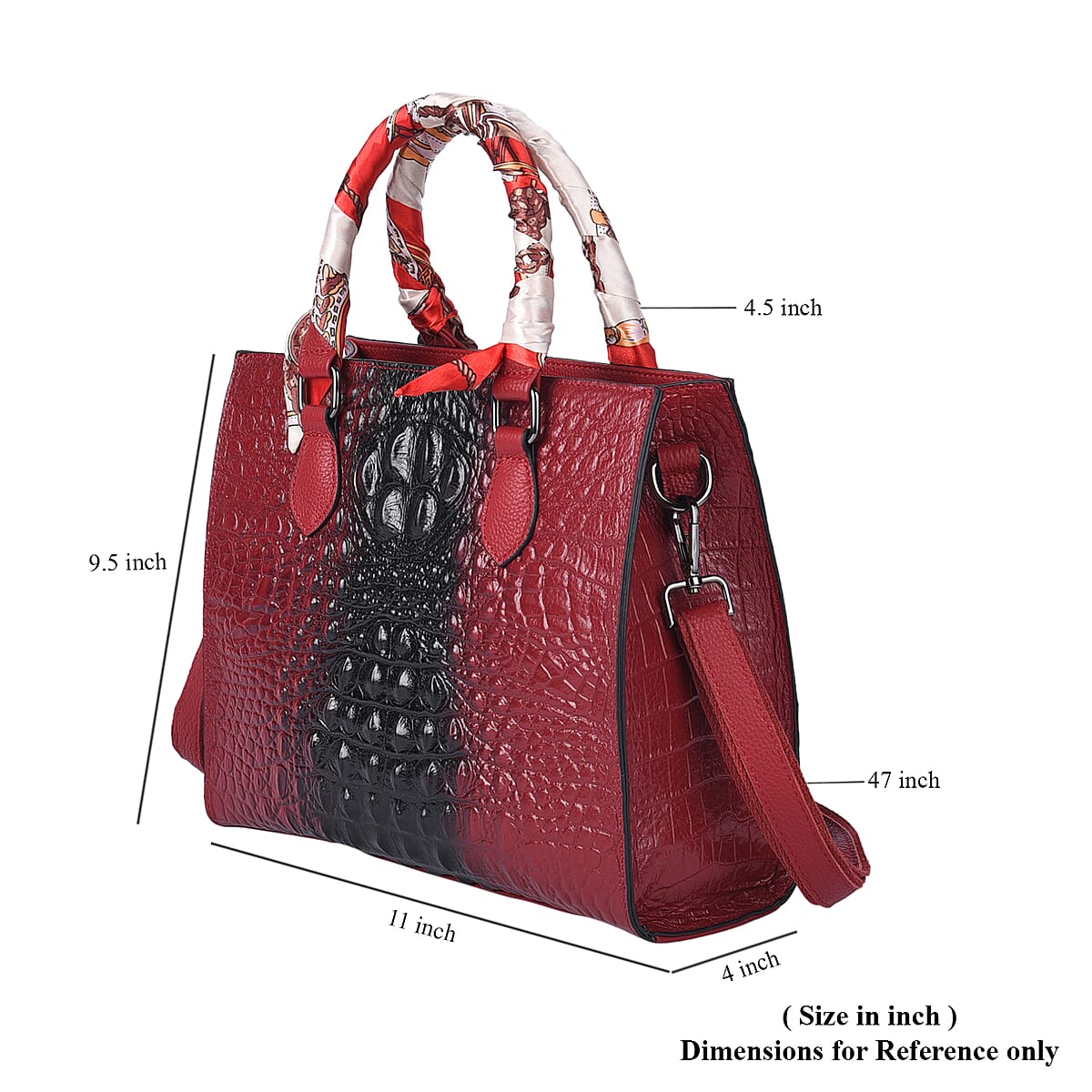 Red Croco Embossed Genuine Leather Tote Bag with Handle Drop and Shoulder Strap image number 6