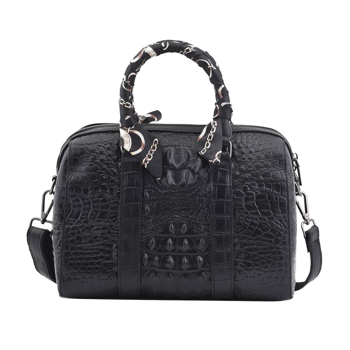 Black Croco Embossed Genuine Leather Tote Bag with Handle Drop and Shoulder Strap image number 0