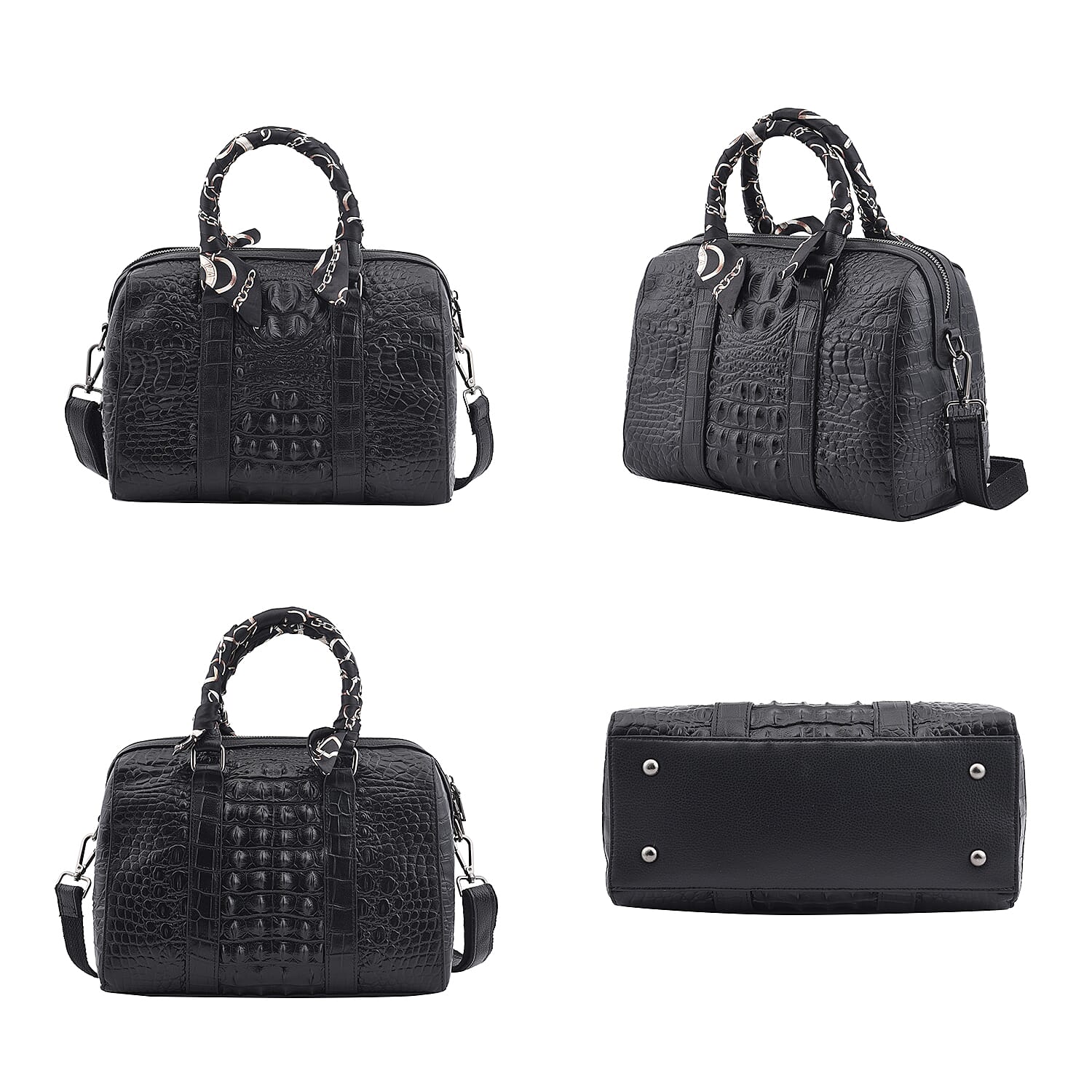 Black Croco Embossed Genuine Leather Tote Bag with Handle Drop and Shoulder Strap