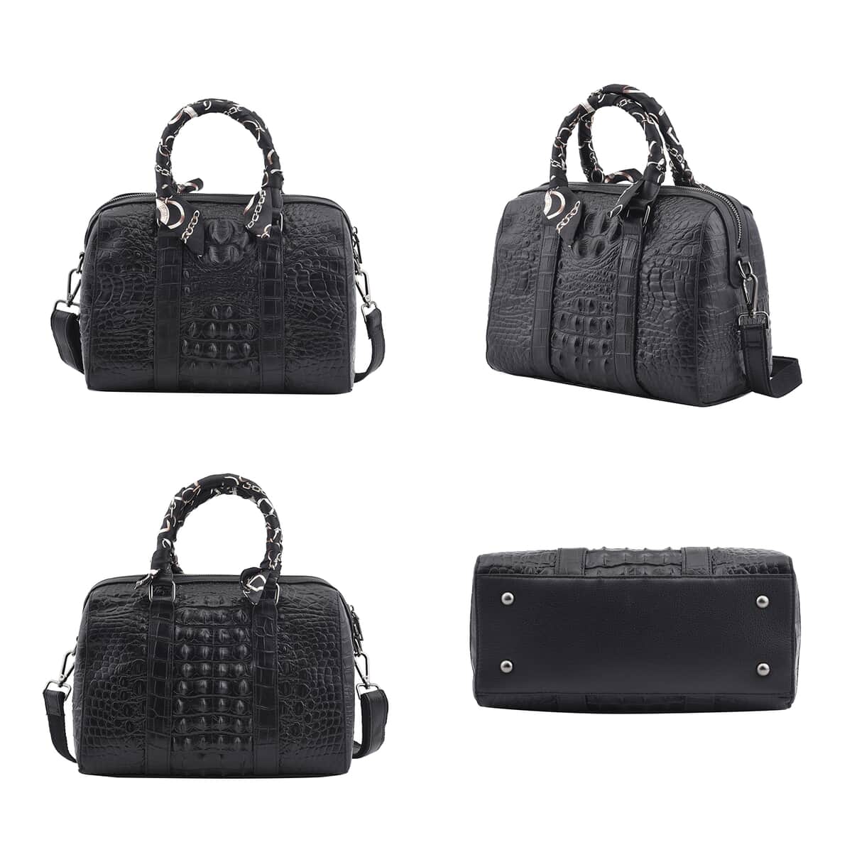 Black Croco Embossed Genuine Leather Tote Bag with Handle Drop and Shoulder Strap image number 1