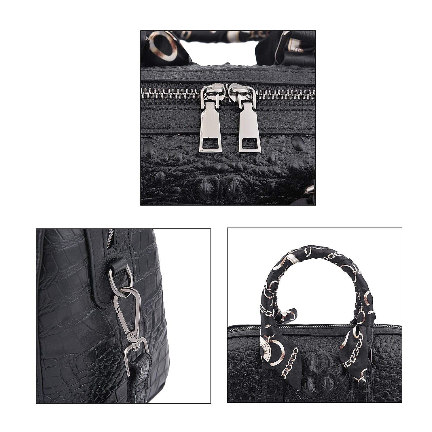 Black Croco Embossed Genuine Leather Tote Bag with Handle Drop and Shoulder Strap