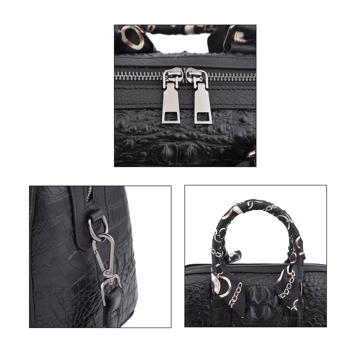 Black Crocodile Embossed Pattern Genuine Leather Convertible Bag (11"x5"x9") with Handle Drop and Shoulder Strap image number 2