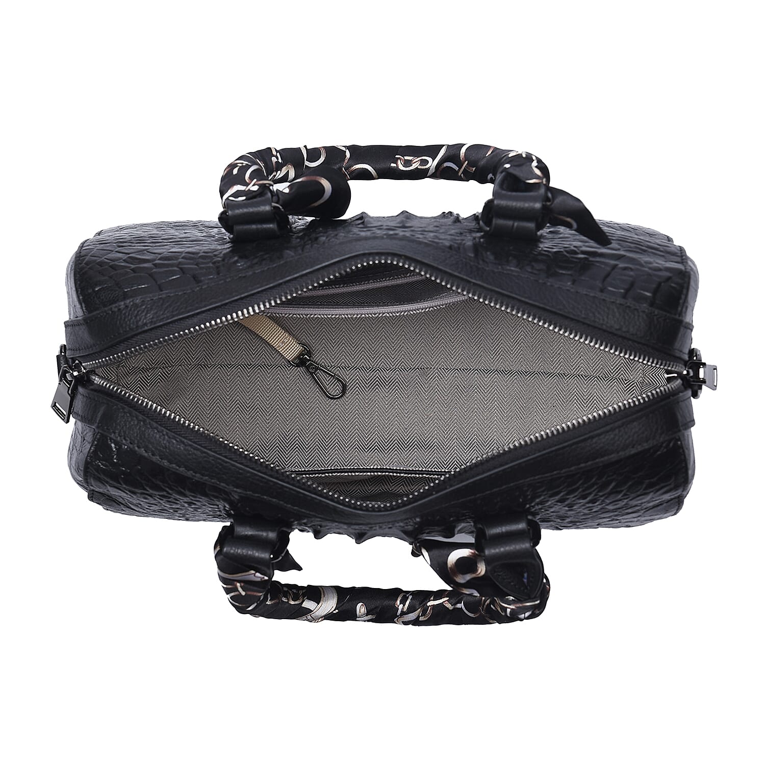 Black Croco Embossed Genuine Leather Tote Bag with Handle Drop and Shoulder Strap