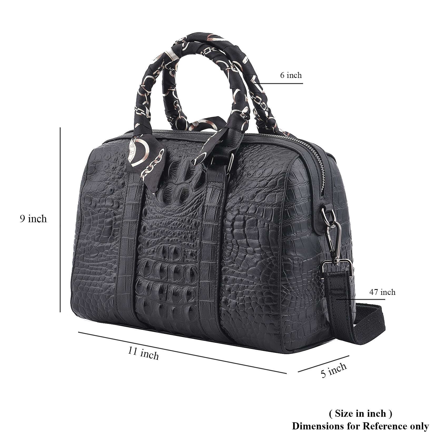 Black Croco Embossed Genuine Leather Tote Bag with Handle Drop and Shoulder Strap