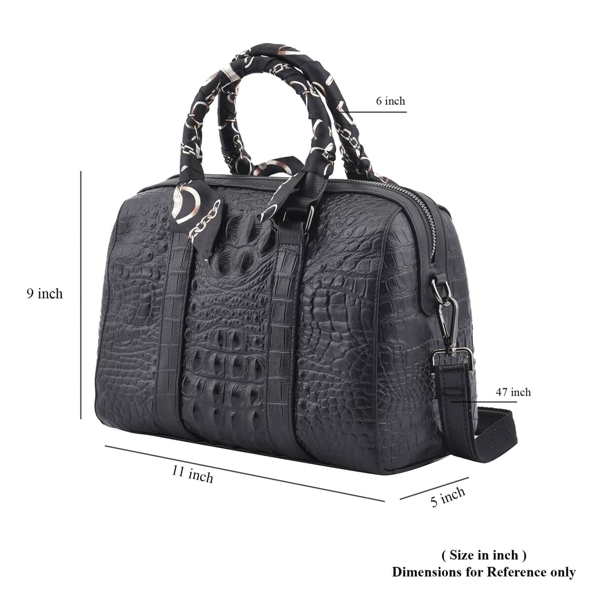 Black Crocodile Embossed Pattern Genuine Leather Convertible Bag (11"x5"x9") with Handle Drop and Shoulder Strap image number 4