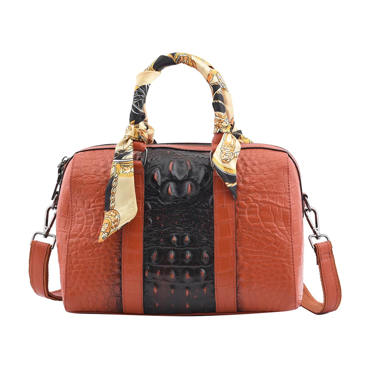 Brown Croco Embossed Genuine Leather Tote Bag with Handle Drop and Shoulder Strap image number 0