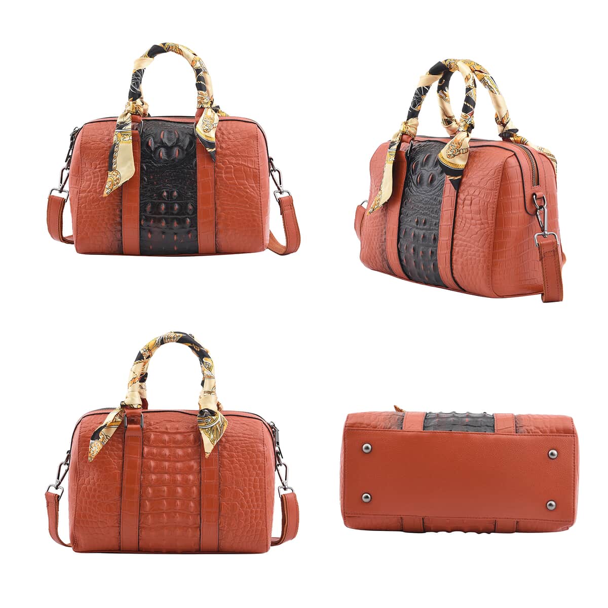 Brown Croco Embossed Genuine Leather Tote Bag with Handle Drop and Shoulder Strap image number 1