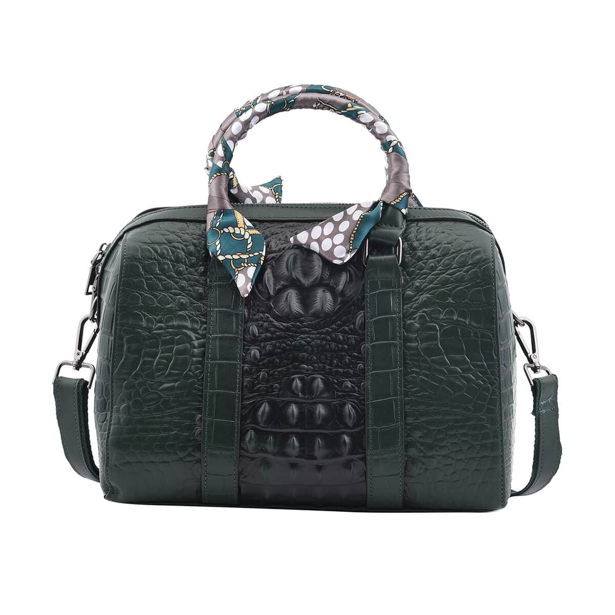 Green Croco Embossed Genuine Leather Tote Bag with Handle Drop and Shoulder Strap image number 0