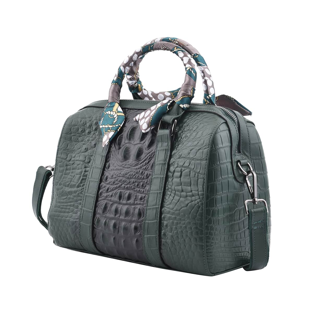 Green Croco Embossed Genuine Leather Tote Bag with Handle Drop and Shoulder Strap image number 4