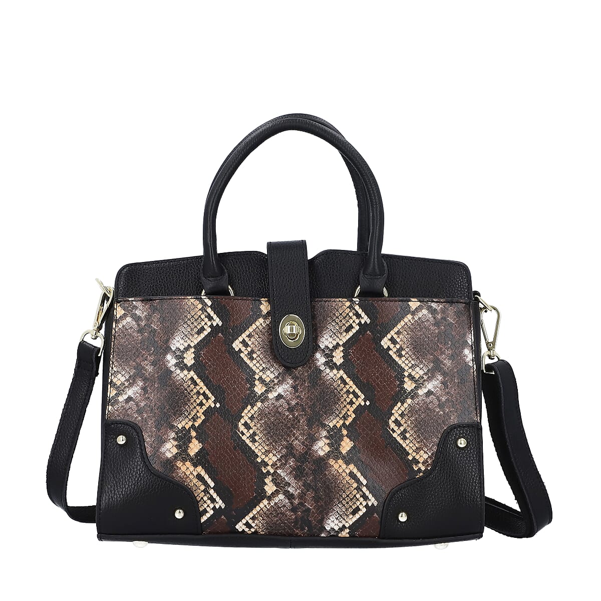 Black & Brown Snake Skin Print Genuine Leather Convertible Tote Ba (12.6"x4.72"x9.06") image number 0