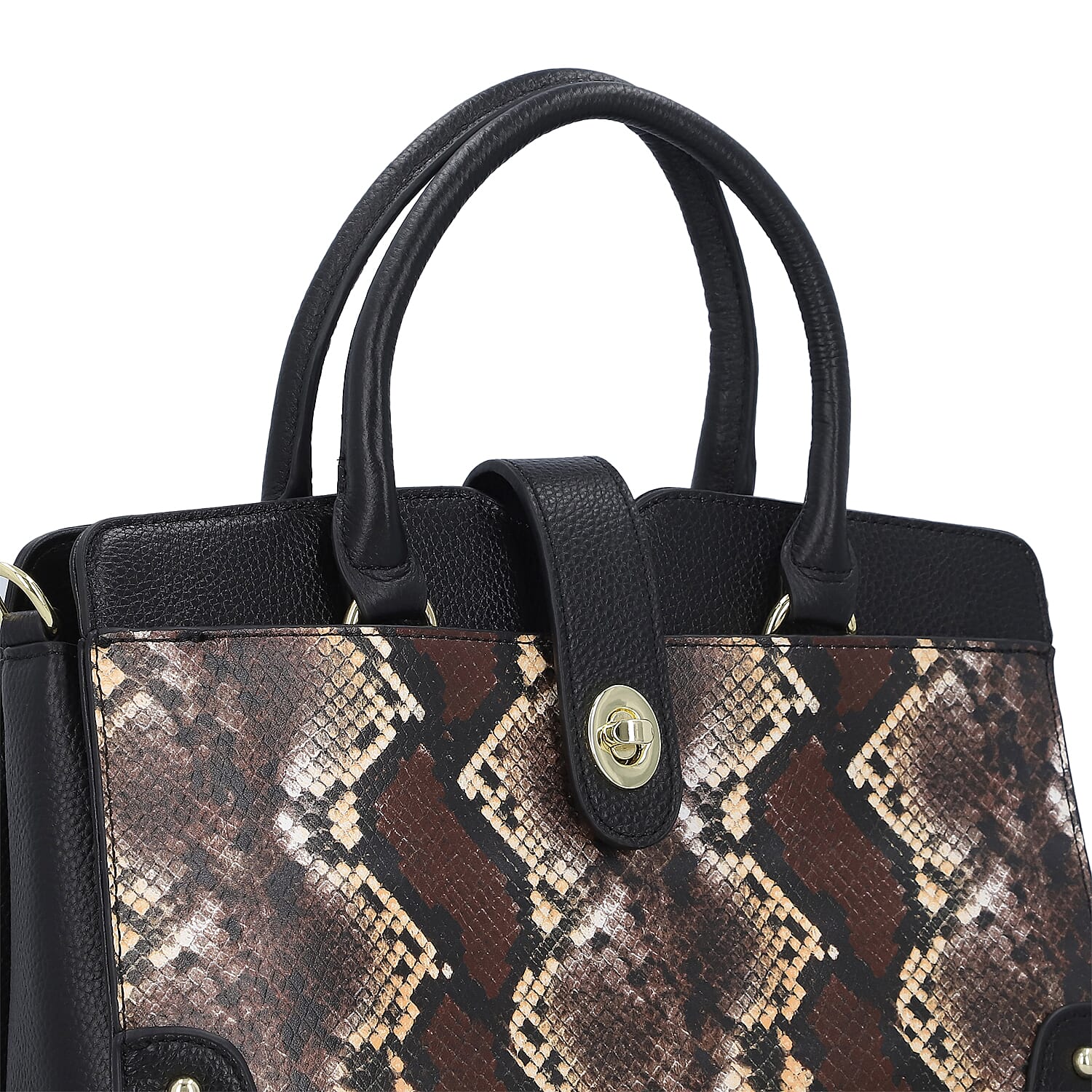 Black & Brown Snake Skin Print Genuine Leather Convertible Tote Bag