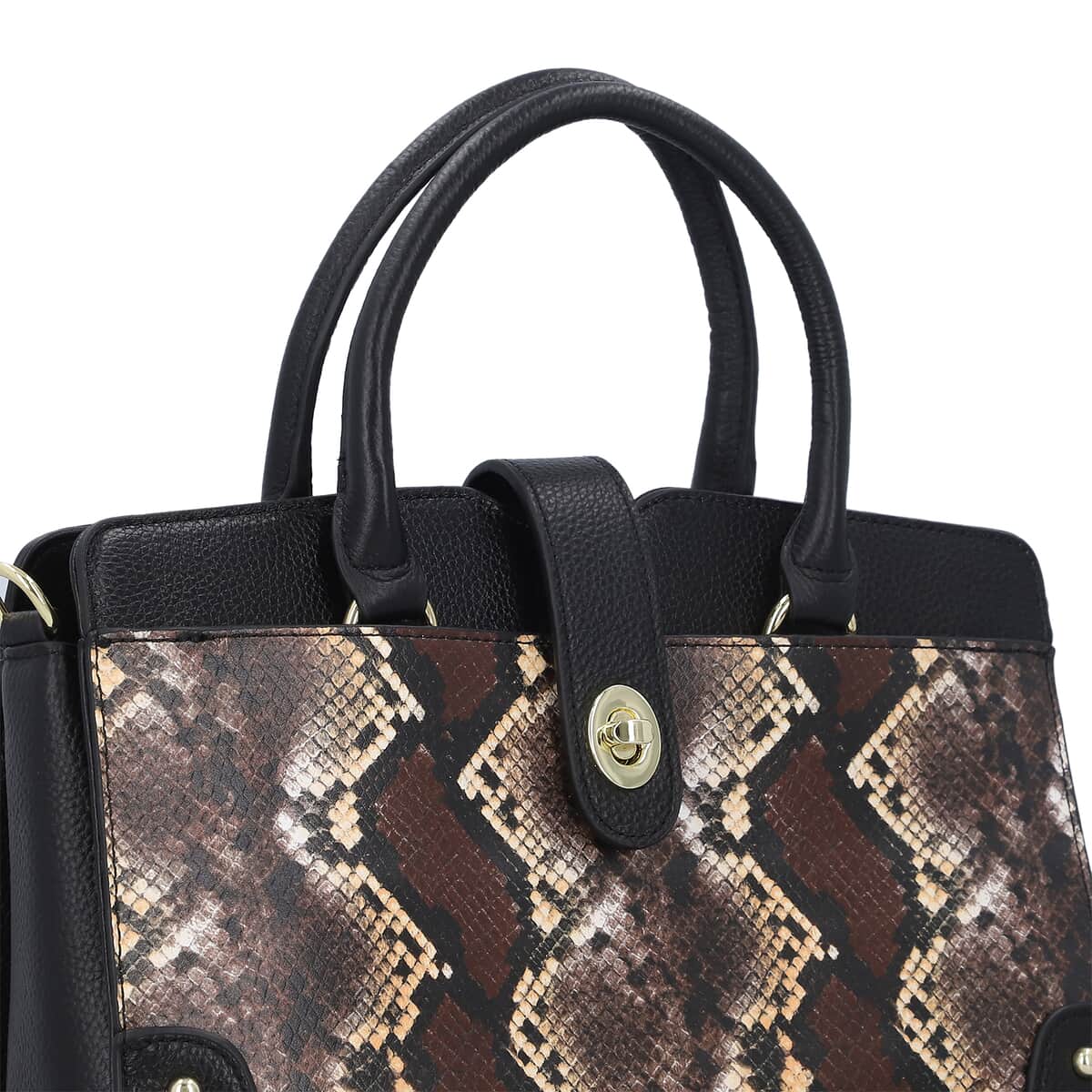 Black & Brown Snake Skin Print Genuine Leather Convertible Tote Bag image number 4