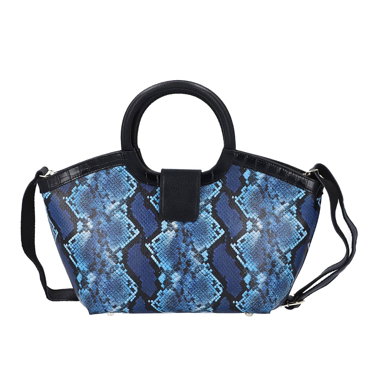 Hong Kong Closed Out Collection Black and Blue Snake Print Pattern Genuine Leather Tote Bag (10.5"x16"x5x8.66") with Handle and Shoulder Straps image number 0
