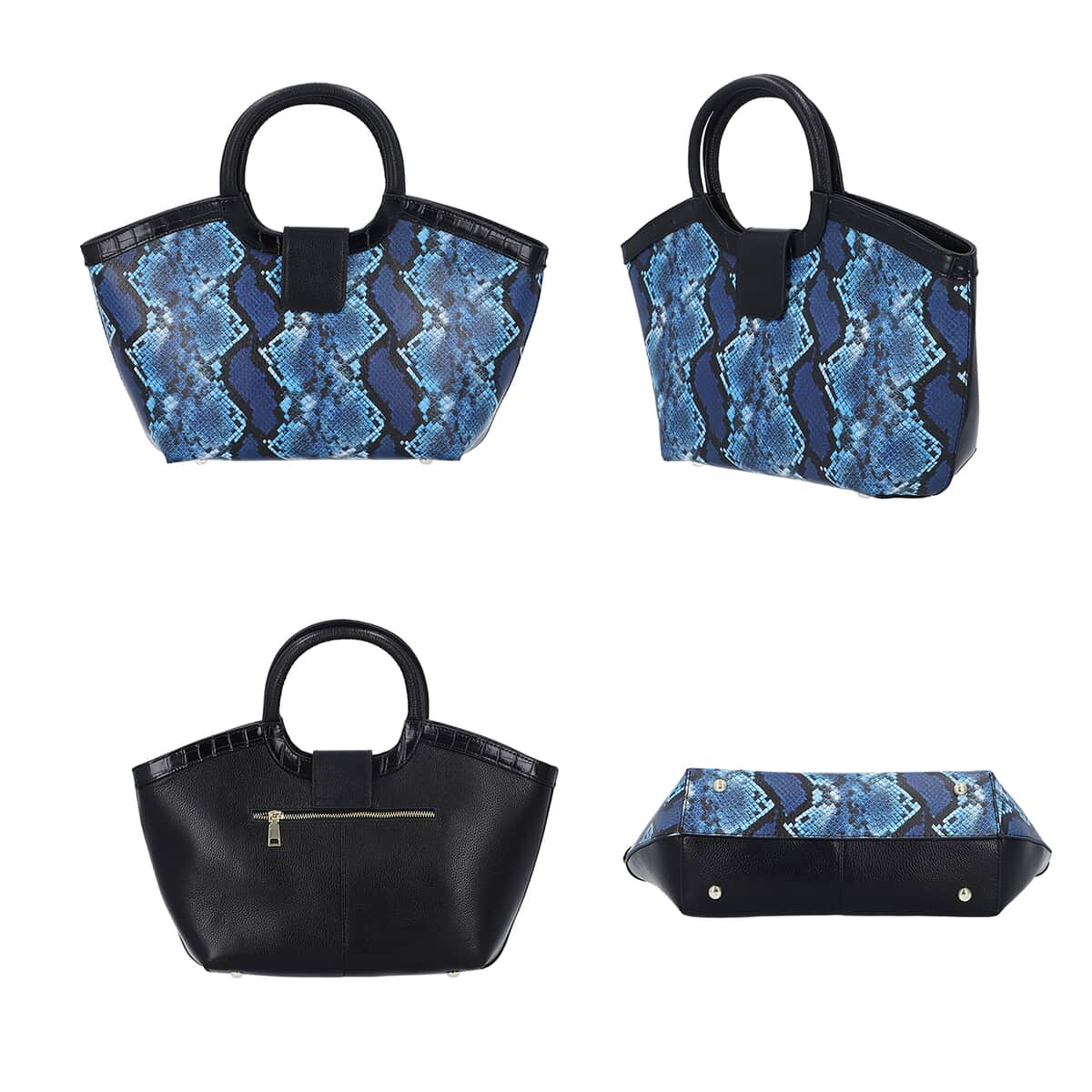 Hong Kong Closed Out Collection Black and Blue Snake Print Pattern Genuine Leather Tote Bag (10.5"x16"x5x8.66") with Handle and Shoulder Straps image number 2