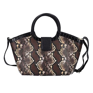 Hong Kong Closeout Black and Brown Snake Print Pattern Genuine Leather Tote Bag with Shoulder Straps