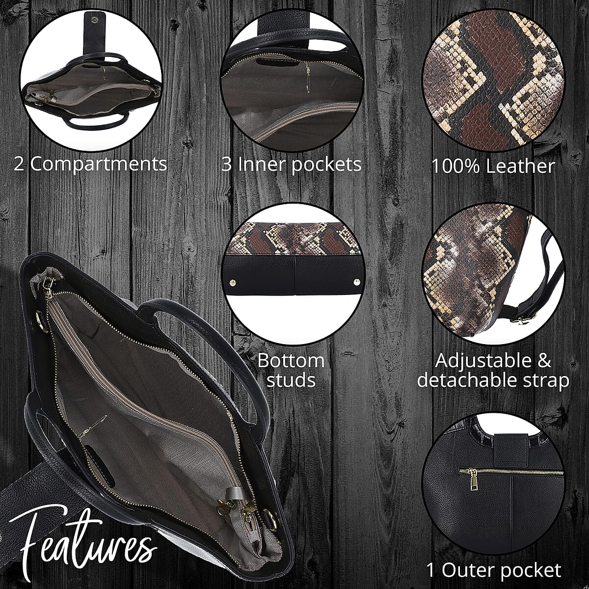 Hong Kong Closeout Black and Brown Snake Print Pattern Genuine Leather Tote Bag with Shoulder Straps image number 1