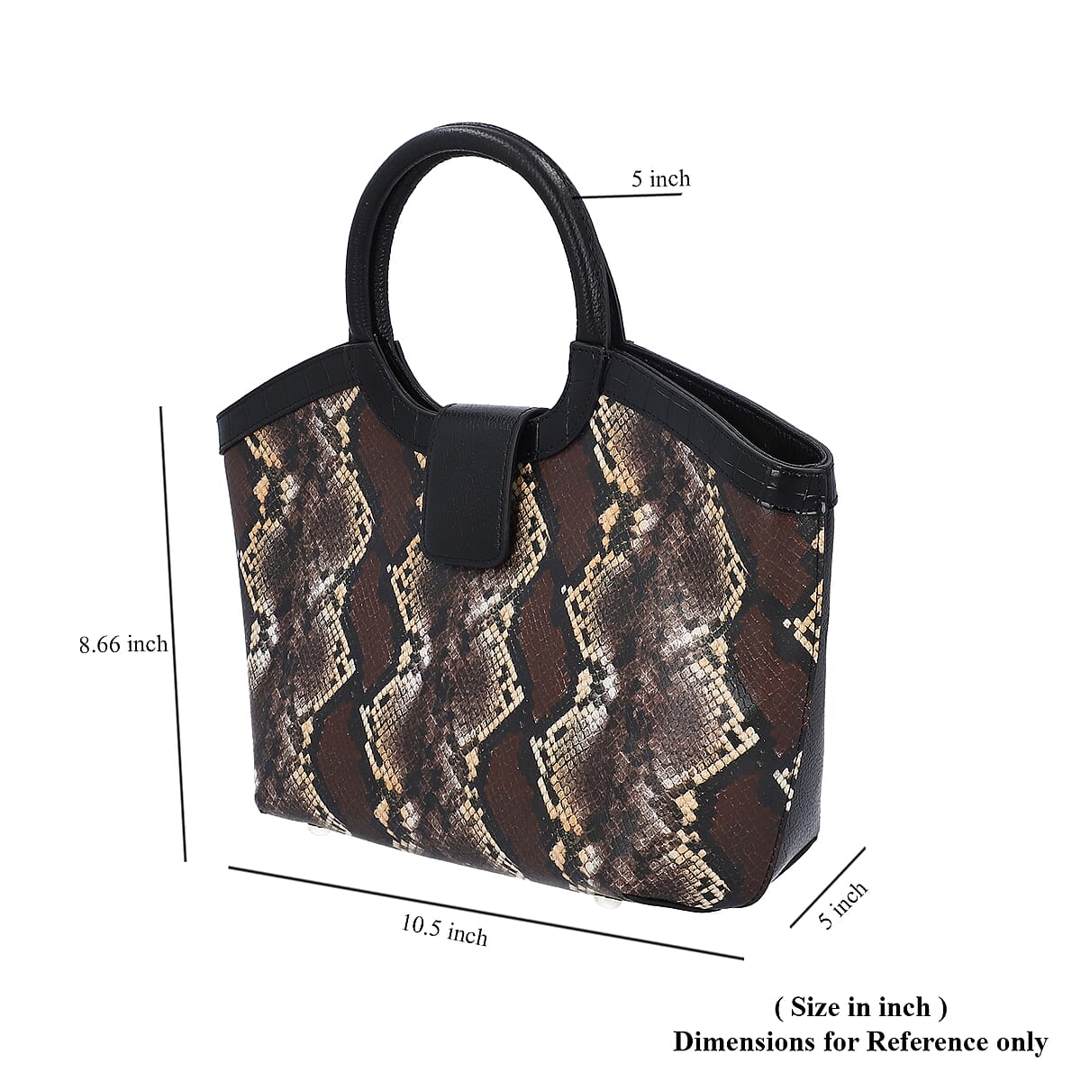 Hong Kong Closeout Black and Brown Snake Print Pattern Genuine Leather Tote Bag with Shoulder Straps image number 4