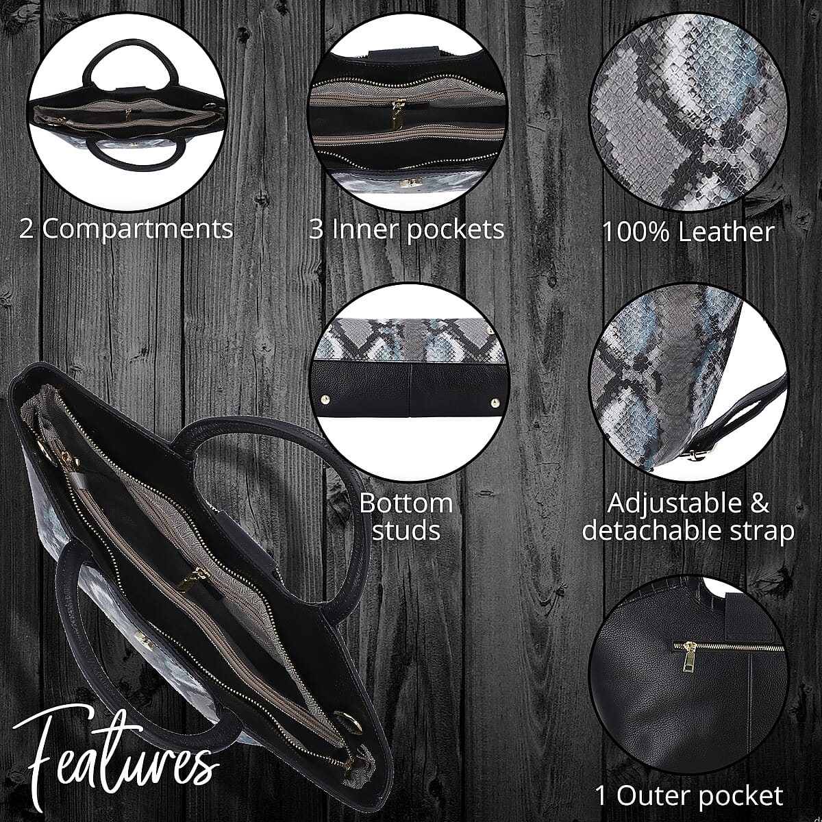 Hong Kong Closeout Black and Multicolor Snake Print Pattern Genuine Leather Tote Bag with Shoulder Straps image number 1