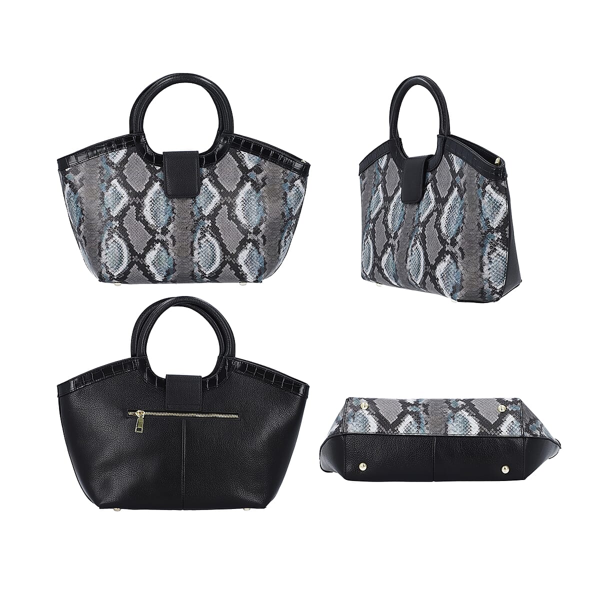 Hong Kong Closeout Black and Multicolor Snake Print Pattern Genuine Leather Tote Bag with Shoulder Straps image number 2
