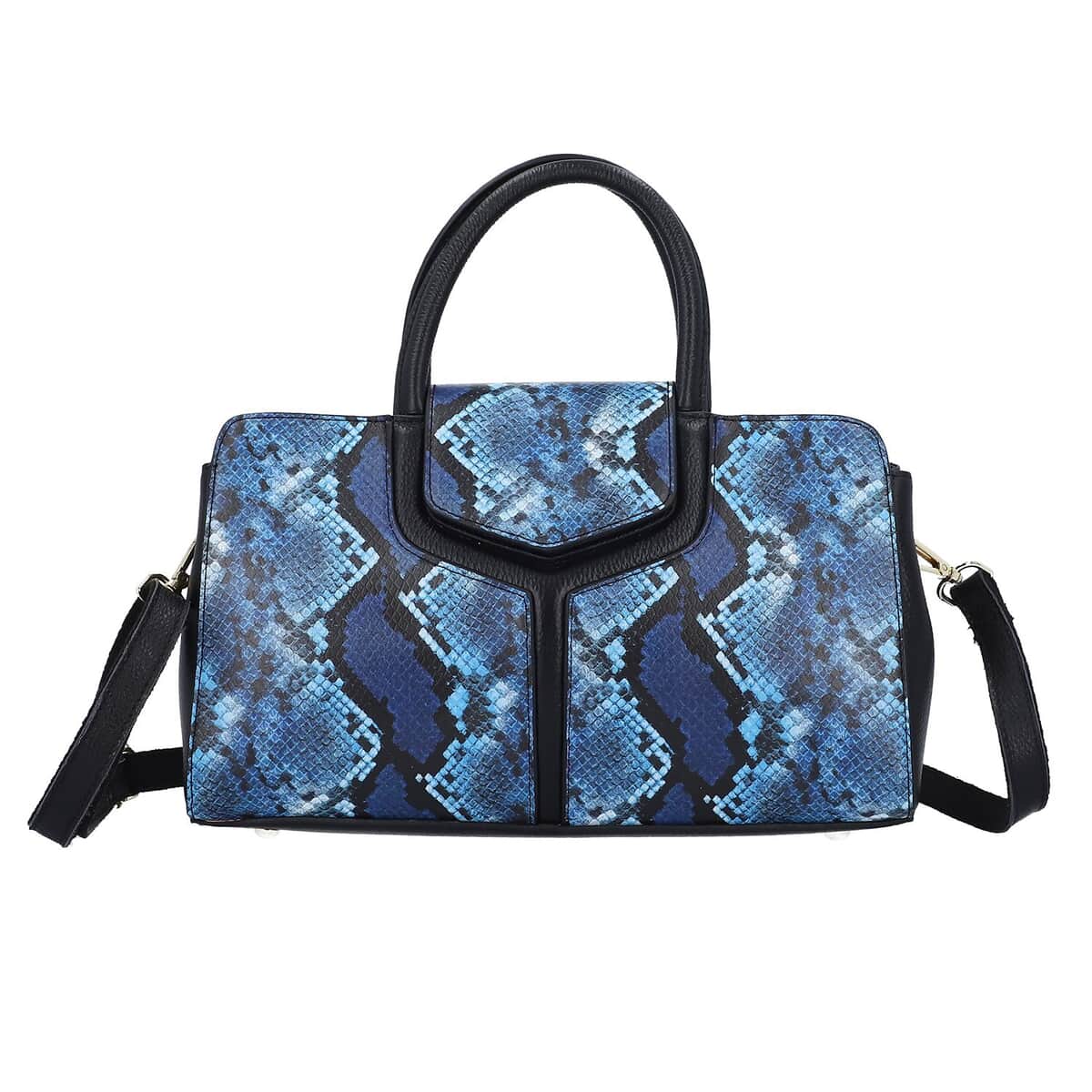 Black and Blue Snake Print Genuine Leather Convertible Tote Bag with Shoulder Strap image number 0