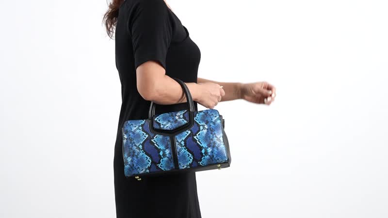 Black and Blue Snake Print Genuine Leather Convertible Tote Bag (12.2"x3.54"x7.09") with Handle Drop and Shoulder Strap