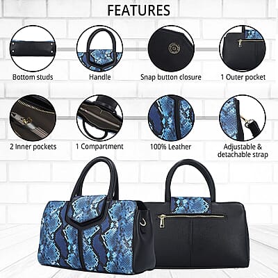 Black and Blue Snake Print Genuine Leather Convertible Tote Bag with Shoulder Strap