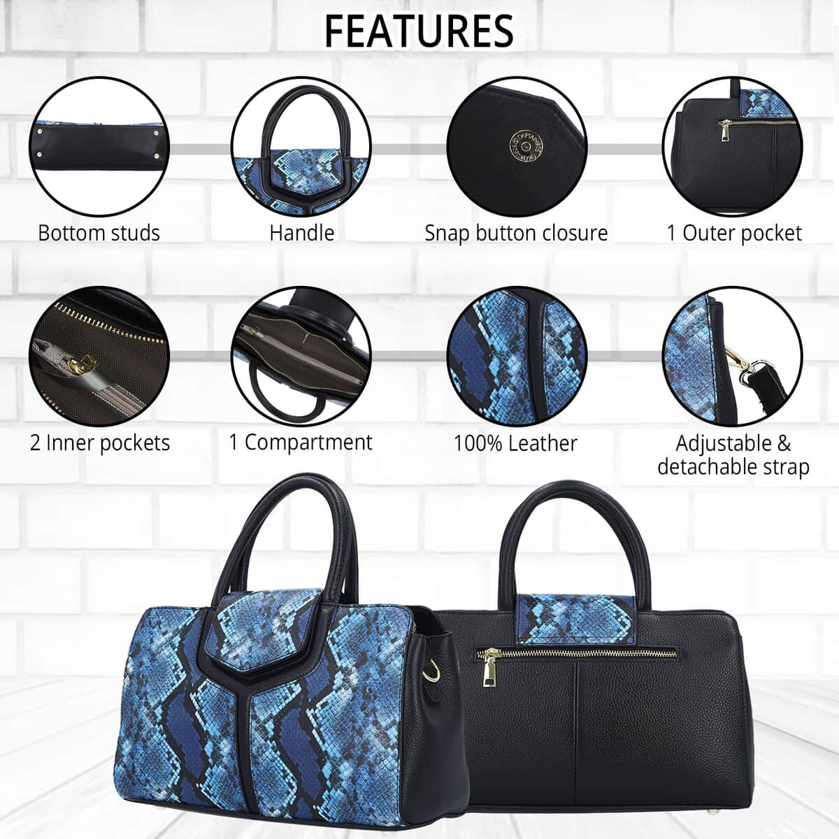 Black and Blue Snake Print Genuine Leather Convertible Tote Bag with Shoulder Strap image number 1