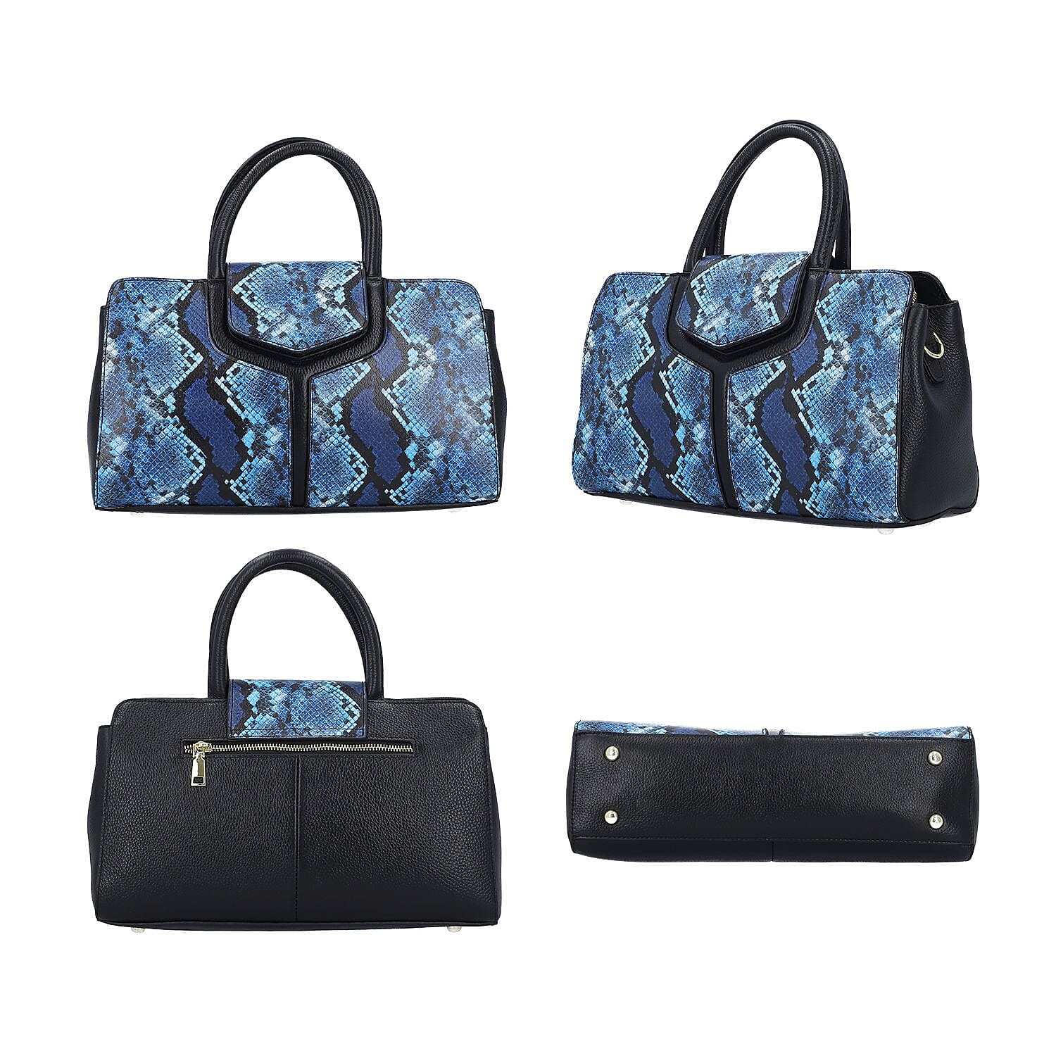 Black and Blue Snake Print Genuine Leather Convertible Tote Bag with Shoulder Strap