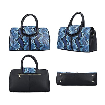 Black and Blue Snake Print Genuine Leather Convertible Tote Bag with Shoulder Strap