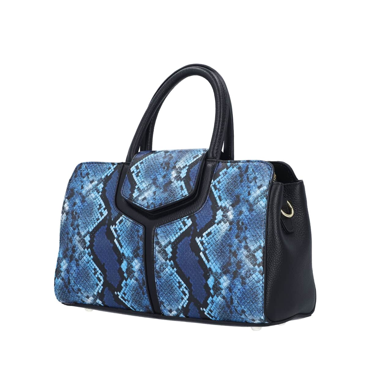 Black and Blue Snake Print Genuine Leather Convertible Tote Bag with Shoulder Strap image number 5
