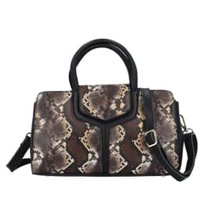Black and Brown Snake Print Genuine Leather Convertible Tote Bag with Shoulder Strap