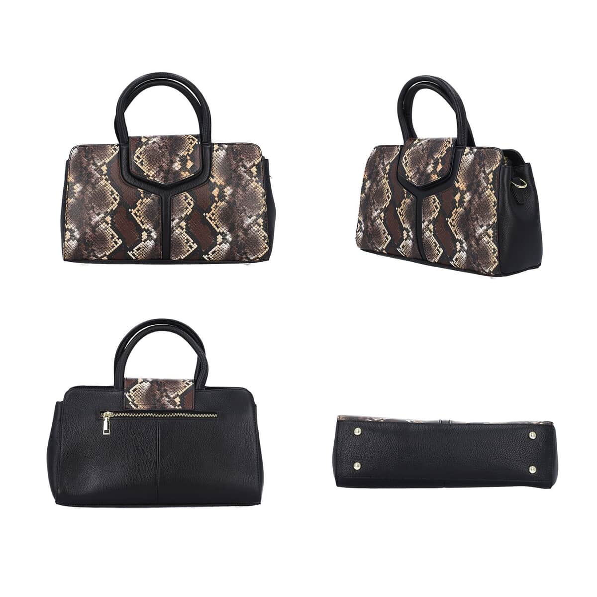 Black and Brown Snake Print Genuine Leather Convertible Tote Bag with Shoulder Strap image number 3