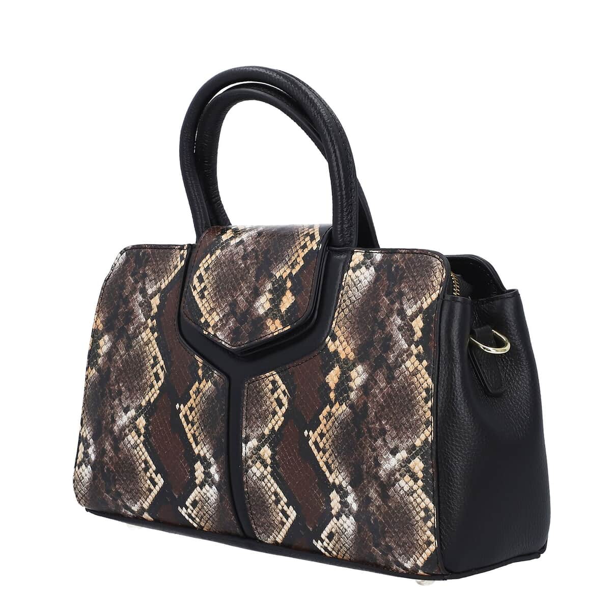 Black and Brown Snake Print Genuine Leather Convertible Tote Bag with Shoulder Strap image number 5