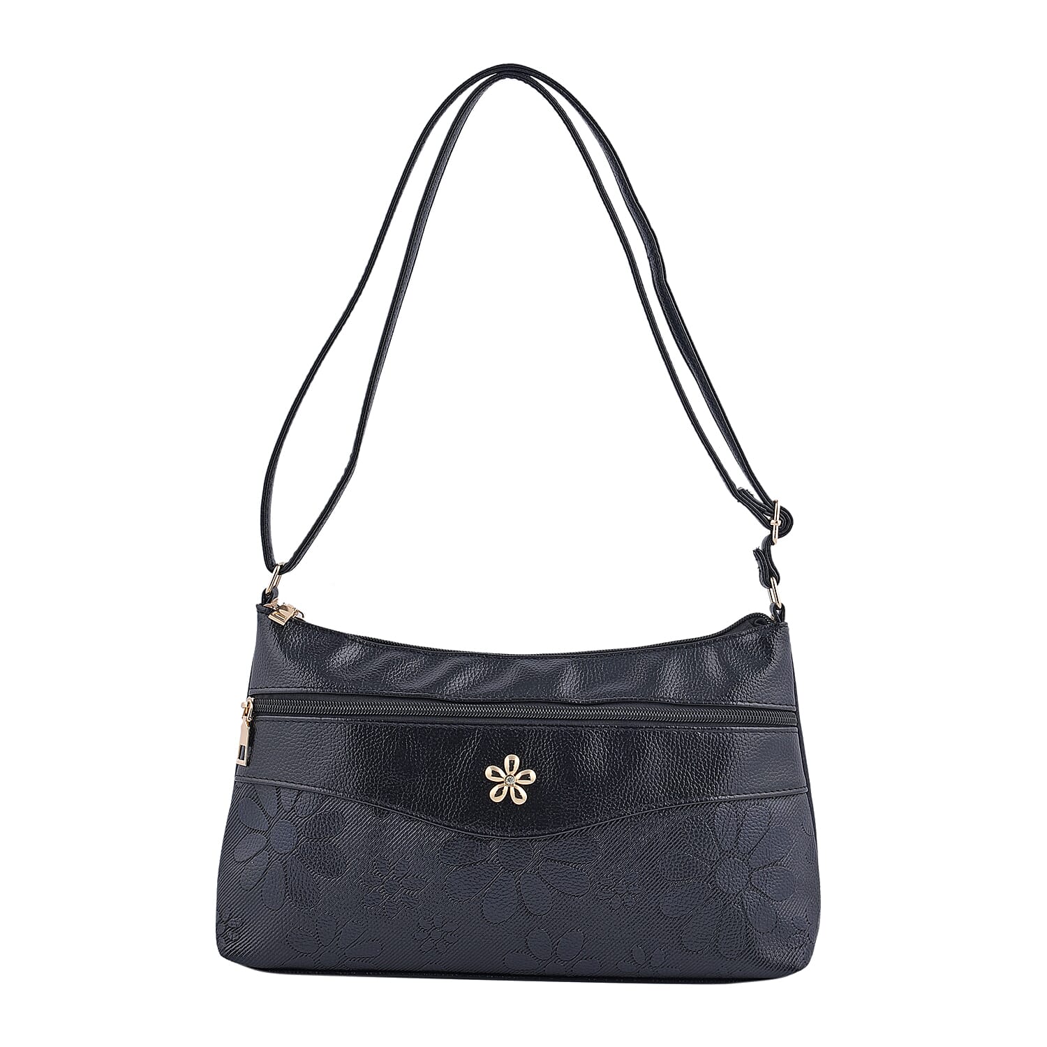 Black Faux Leather Crossbody Bag with Metal Flower and Adjustable Shoulder Strap