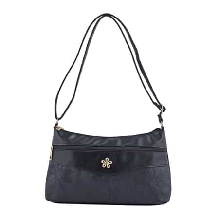 Black Faux Leather Crossbody Bag with Metal Flower and Adjustable Shoulder Strap image number 0