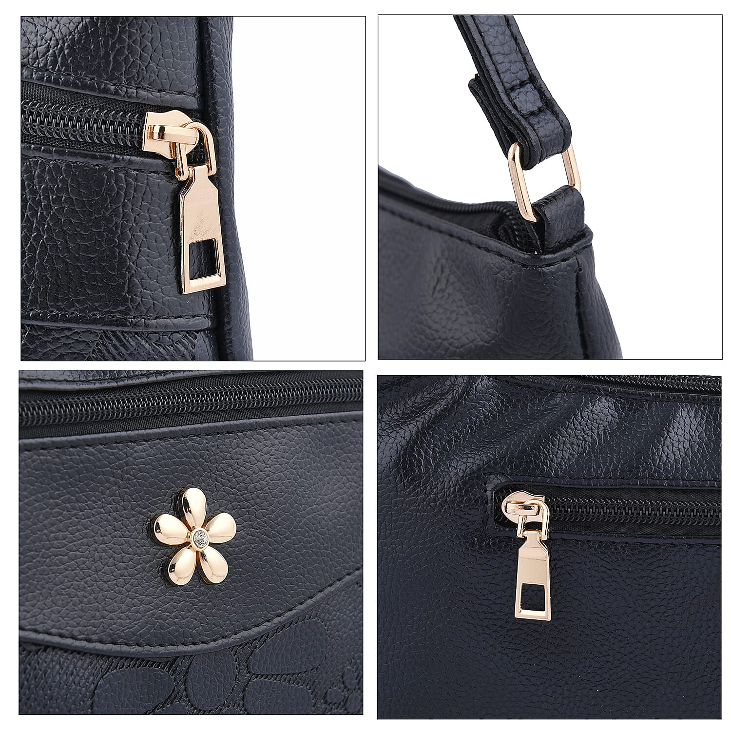 Black Faux Leather Crossbody Bag with Metal Flower and Adjustable Shoulder Strap