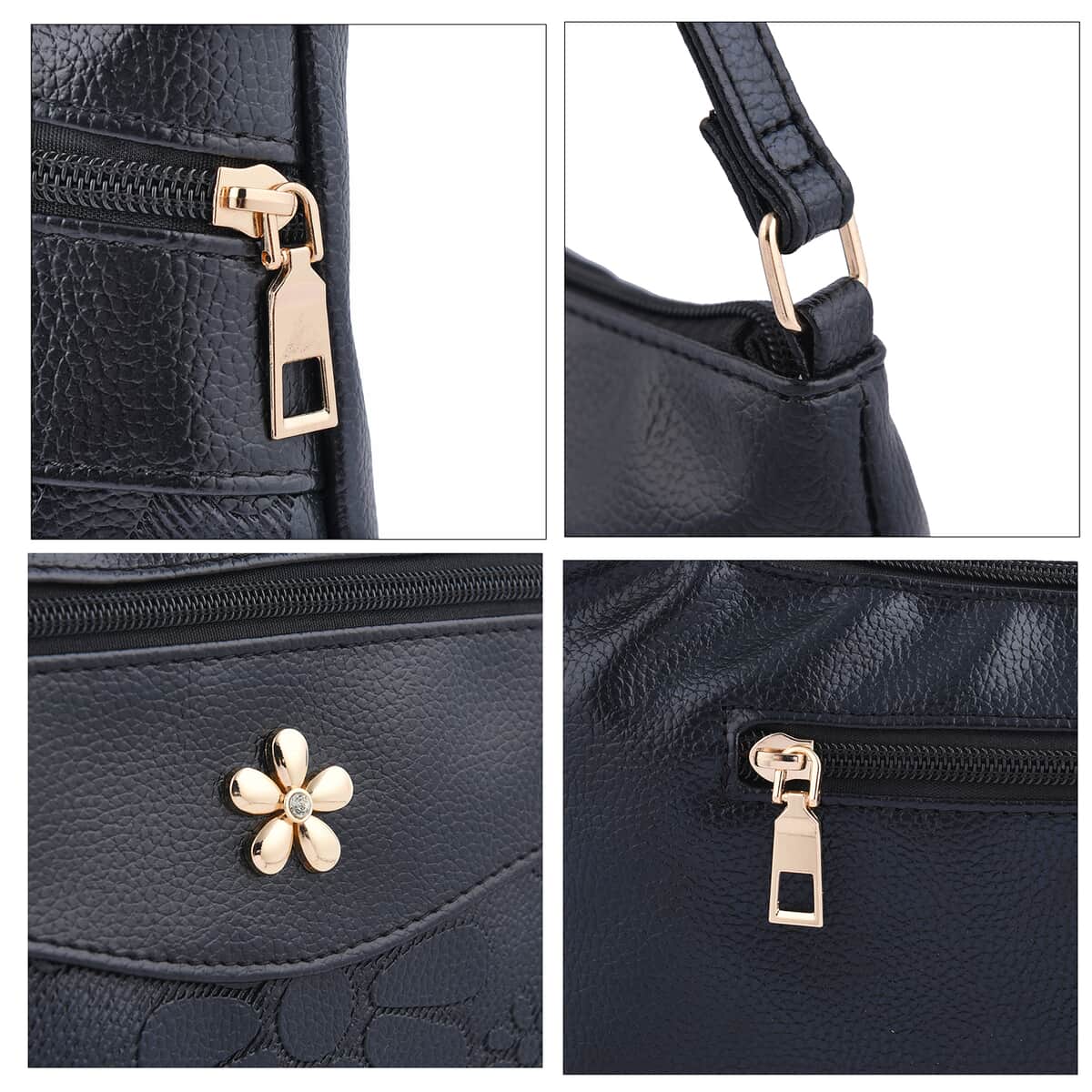 Black Faux Leather Crossbody Bag with Metal Flower and Adjustable Shoulder Strap image number 4