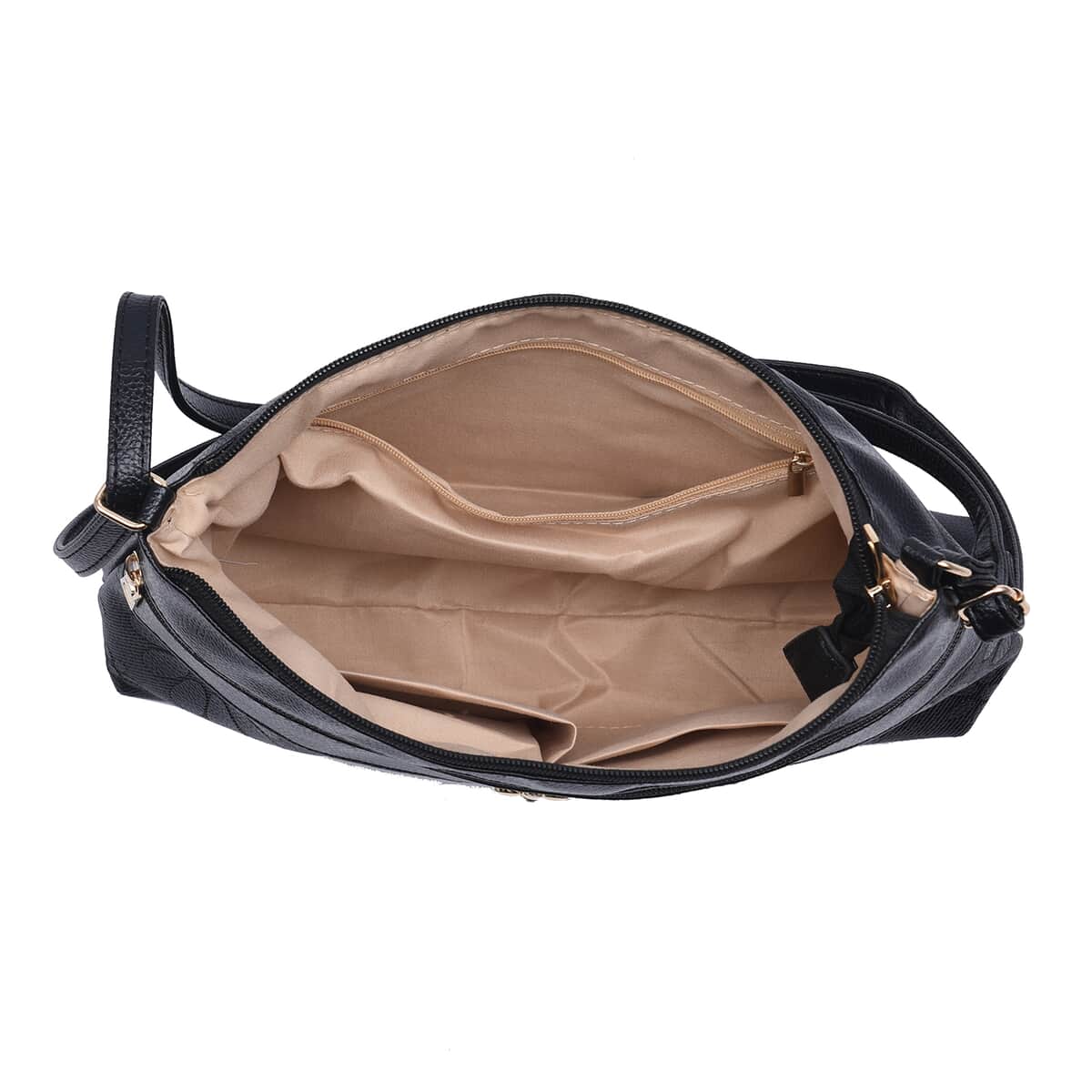 Black Faux Leather Crossbody Bag with Metal Flower and Adjustable Shoulder Strap image number 5