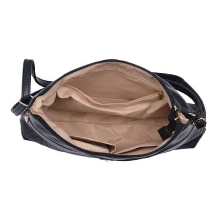 Black Faux Leather Crossbody Bag with Metal Flower and Adjustable Shoulder Strap image number 5