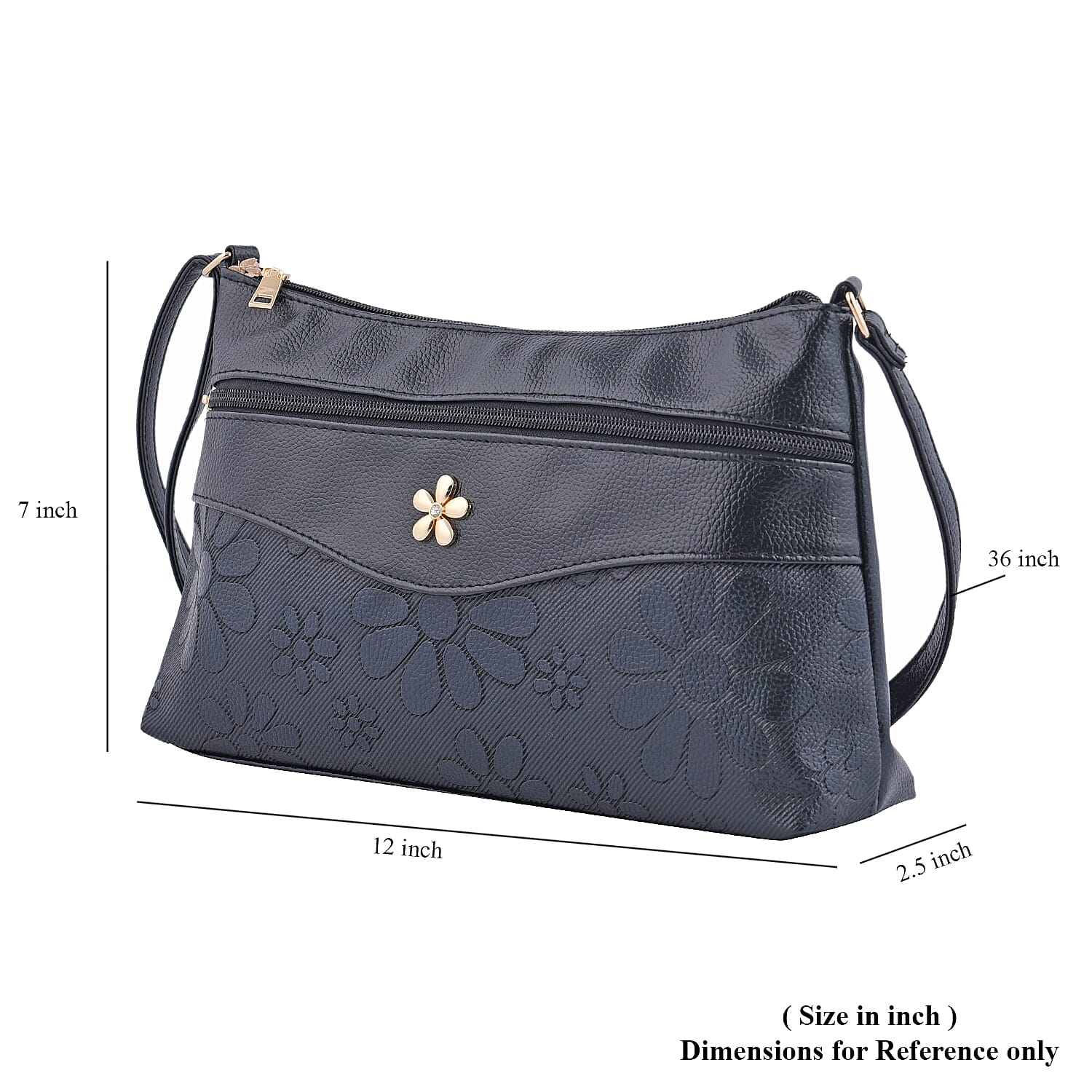 Black Faux Leather Crossbody Bag with Metal Flower and Adjustable Shoulder Strap