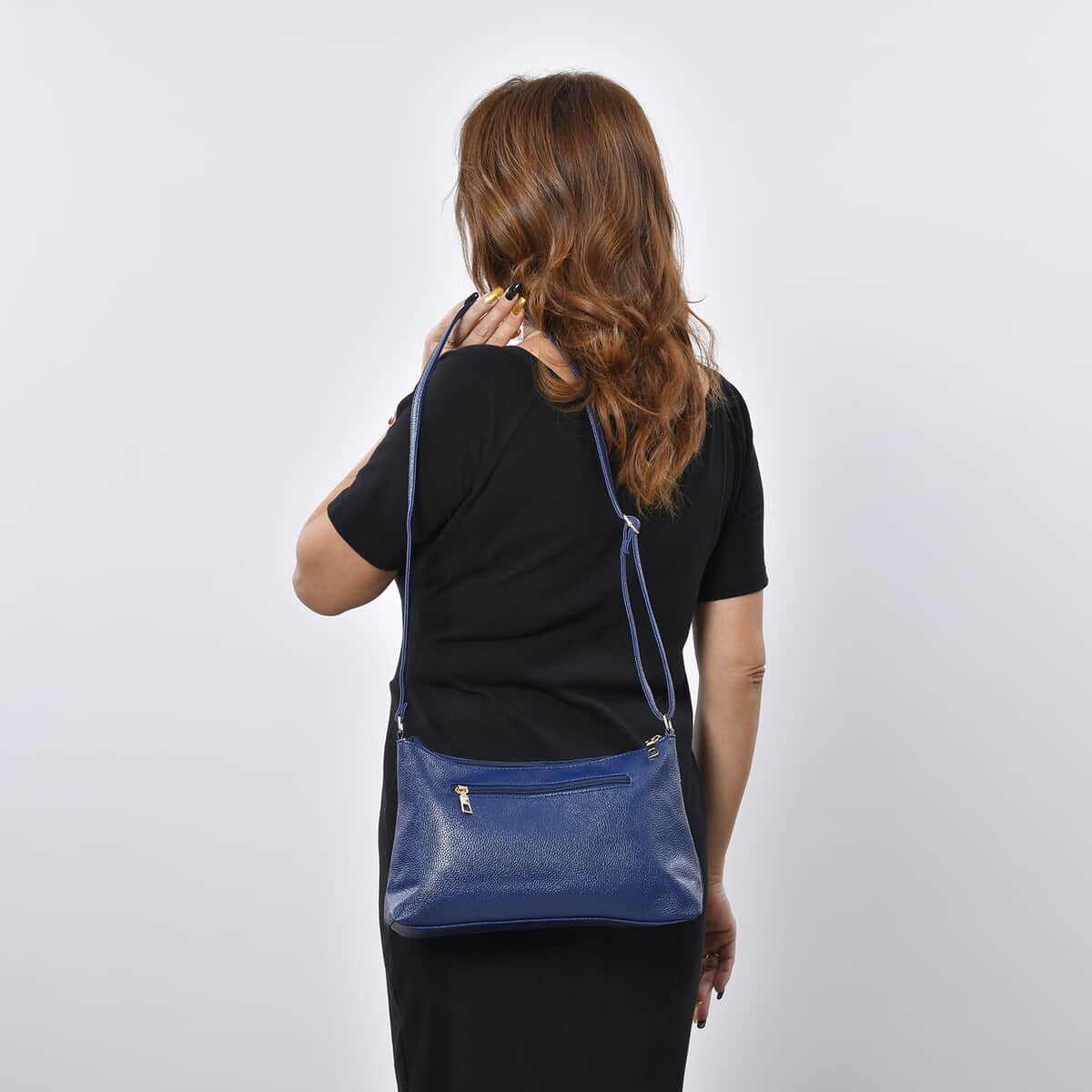 Black Faux Leather Crossbody Bag with Metal Flower (12"x2.5"x7") and Adjustable Shoulder Strap image number 2